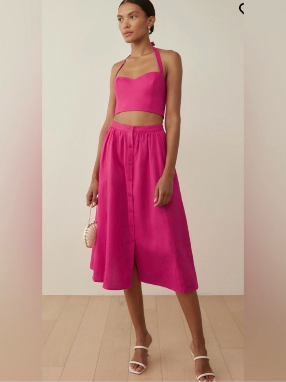 Reformation Orzo Linen fuschia  midi skirt high waist